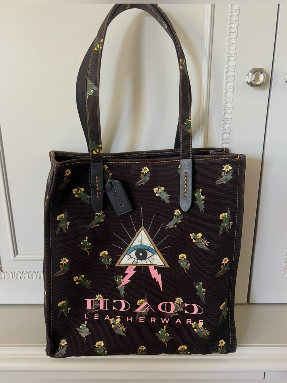 Coach Brown Canvas Tote with Pink and Cream Graphic